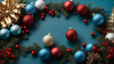 Christmas background with fir tree branches and christmas balls on blue backgroundの素材