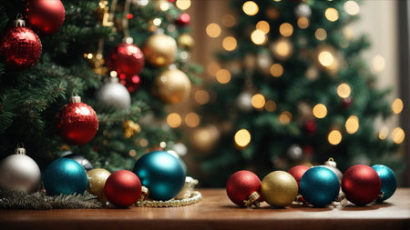 Christmas tree with colorful balls and garland on bokeh backgroundの素材