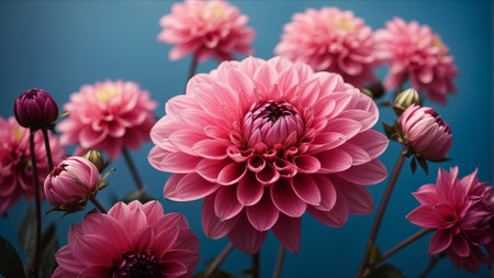 Beautiful pink dahlia flowers on a blue background, close-upの素材