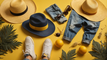 Top view of woman's legs in jeans shorts, hat, sunglasses and t-shirt on yellow backgroundの素材