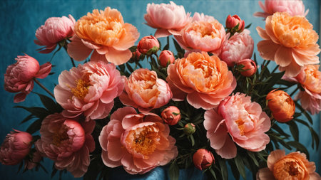 Bouquet of peonies on a blue background. Top view.の素材