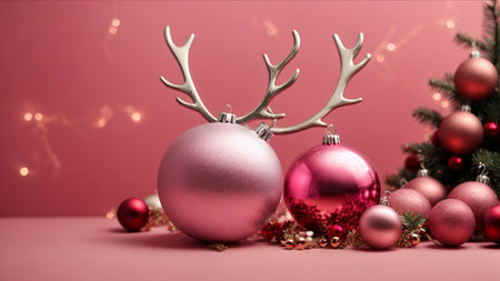 Christmas baubles with deer antlers and christmas tree on pink backgroundの素材