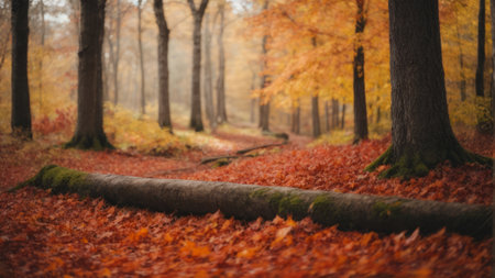 Beautiful autumn forest with fallen leaves and path. Autumn landscape.の素材