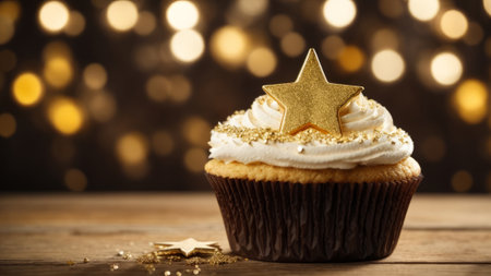 Cupcake with golden star on wooden table against defocused lightsの素材