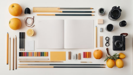 Top view of modern workspace with blank notebook, camera, pencils and other items. Mock upの素材