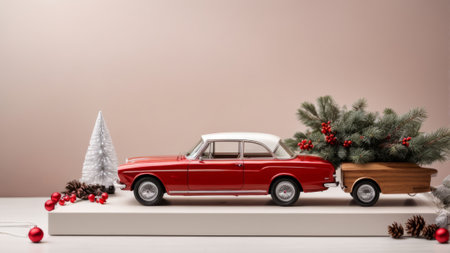 Vintage car with christmas tree on white table. 3d renderingの素材