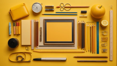 Flat lay composition with school supplies on yellow background. Space for textの素材