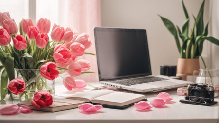 Laptop and pink tulips bouquet on white table in officeの素材