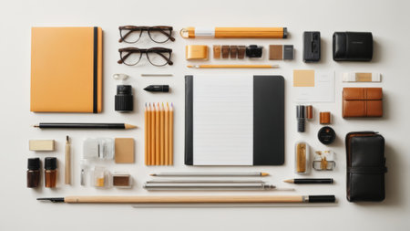 High angle view of various stationery on white background, flat layの素材
