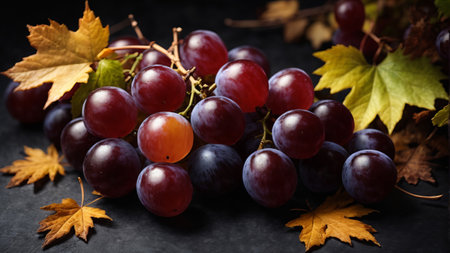 Grapes with autumn leaves on a black background. Selective focusの素材