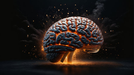 3d rendering of human brain with explosion and particles on black backgroundの素材