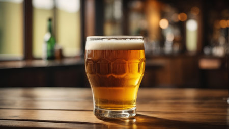 Glass of beer on wooden table in pub, closeup. Space for textの素材