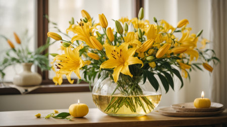 Bouquet of yellow lilies in vase on windowsillの素材