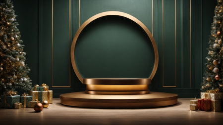 3d render of golden podium for product presentation with Christmas tree and presentsの素材