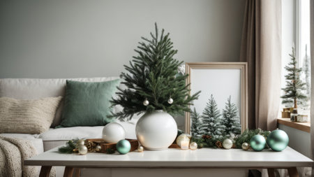 Interior of living room with Christmas tree and mock up photo frameの素材
