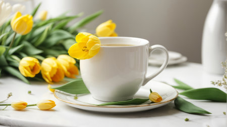 Cup of coffee with tulips on white table, closeupの素材