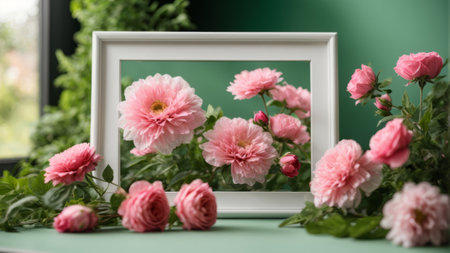 Bouquet of pink roses in white frame on green background.の素材
