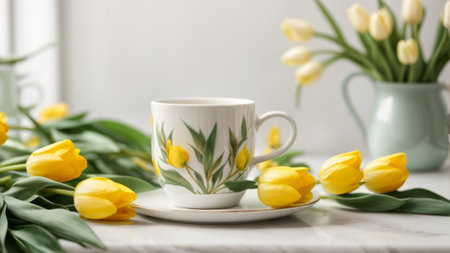 Cup of coffee and yellow tulips on table, closeupの素材