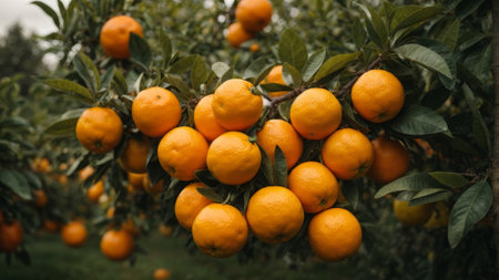 Ripe tangerines on a tree in the orchard.の素材
