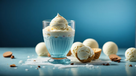 Vanilla ice cream in a glass with nuts and chocolate on a blue backgroundの素材