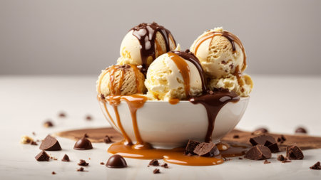 Scoops of ice cream with chocolate and caramel in a bowlの素材