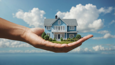 Real estate concept. House model in human hand on blue sky backgroundの素材