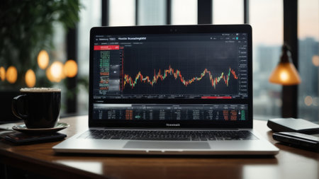 Laptop with stock market chart on screen. Business and finance concept.の素材