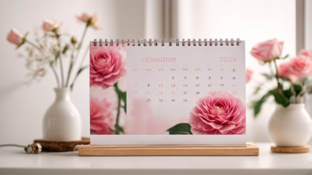 Desktop calendar with pink roses in vase on white table, closeupの素材