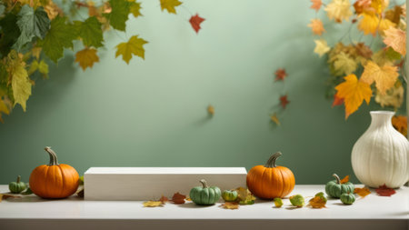 Pumpkins and vase with autumn leaves on a green backgroundの素材