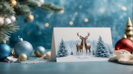 Christmas greeting card with deer and fir tree on blue wooden table.の素材
