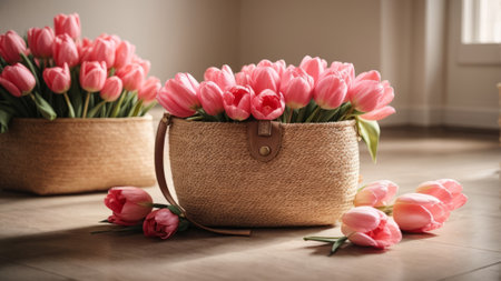 Bouquet of pink tulips in wicker basket on wooden floorの素材
