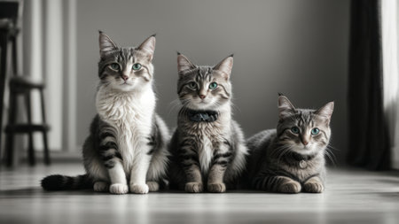 Three beautiful Maine Coon kittens sitting on floor and looking at cameraの素材
