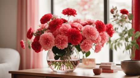 Beautiful bouquet of dahlias in vase on table indoorsの素材
