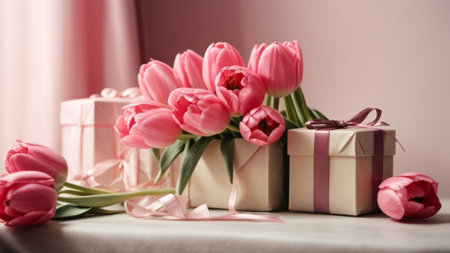 Beautiful tulips and gift boxes on table indoors, closeupの素材