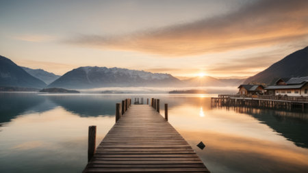 Wooden jetty on Lake Lucerne at sunrise, Switzerlandの素材