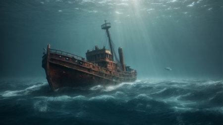 Underwater scene with shipwreck in ocean. 3d render.の素材