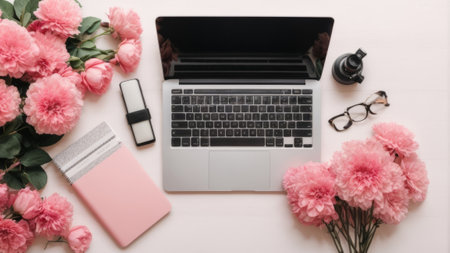Flat lay workspace with laptop, smartphone and pink flowers on white backgroundの素材