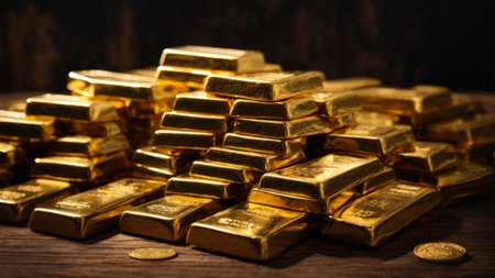 Heap of gold bars on wooden background. Shallow depth of fieldの素材