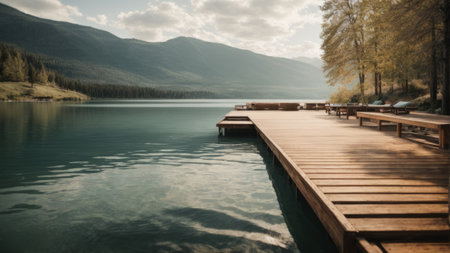 Wooden pier on the lake in the mountains. Beautiful summer landscape.の素材