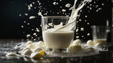 Milk splash in a glass on a black background, close-upの素材