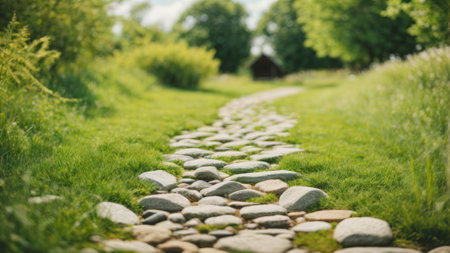 Stone path in the garden with green grass and blue sky background.の素材