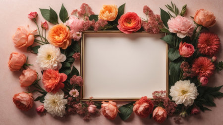 Flower frame on pink background. Flat lay, top view.の素材