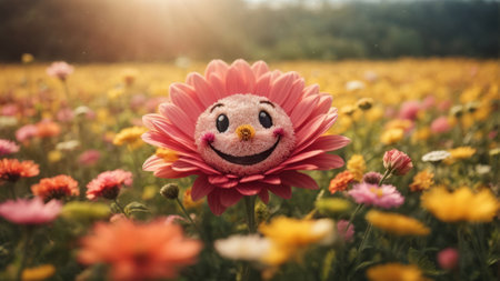Funny handmade toy on a flower meadow in the sunset lightの素材