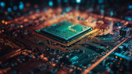 Circuit board. Electronic computer hardware technology. Motherboard digital chip. Tech science background. Integrated communication processor. Information engineering component.の素材
