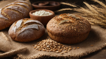 Freshly baked bread and wheat ears on sackcloth on wooden backgroundの素材