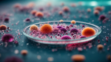3d rendering. Microscopic view of virus cells in petri dish.の素材