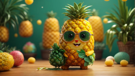 Funny pineapple character with sunglasses and fruits on green background, closeupの素材