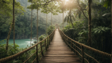 Wooden bridge over the river in jungle. Travel and adventure conceptの素材