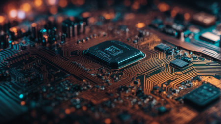 Close-up of electronic circuit board with microcircuits. Technology backgroundの素材