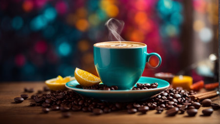 Coffee cup and coffee beans on wooden table with colorful bokeh backgroundの素材